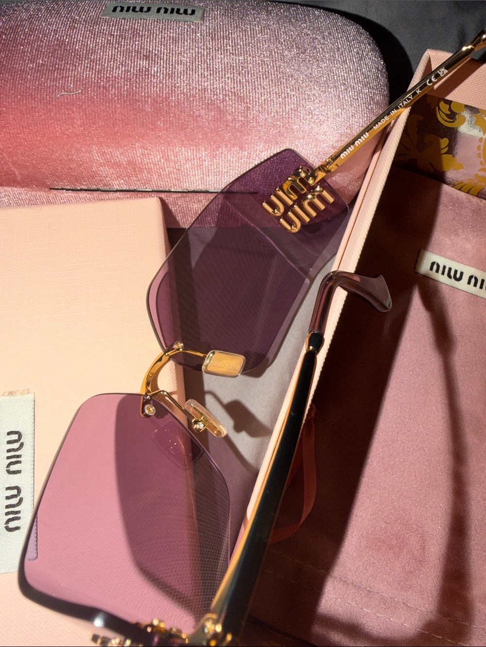 Miu Miu Purple Rimless Shield Sunglasses with Gold Logo Accent - Picture 4 of 7